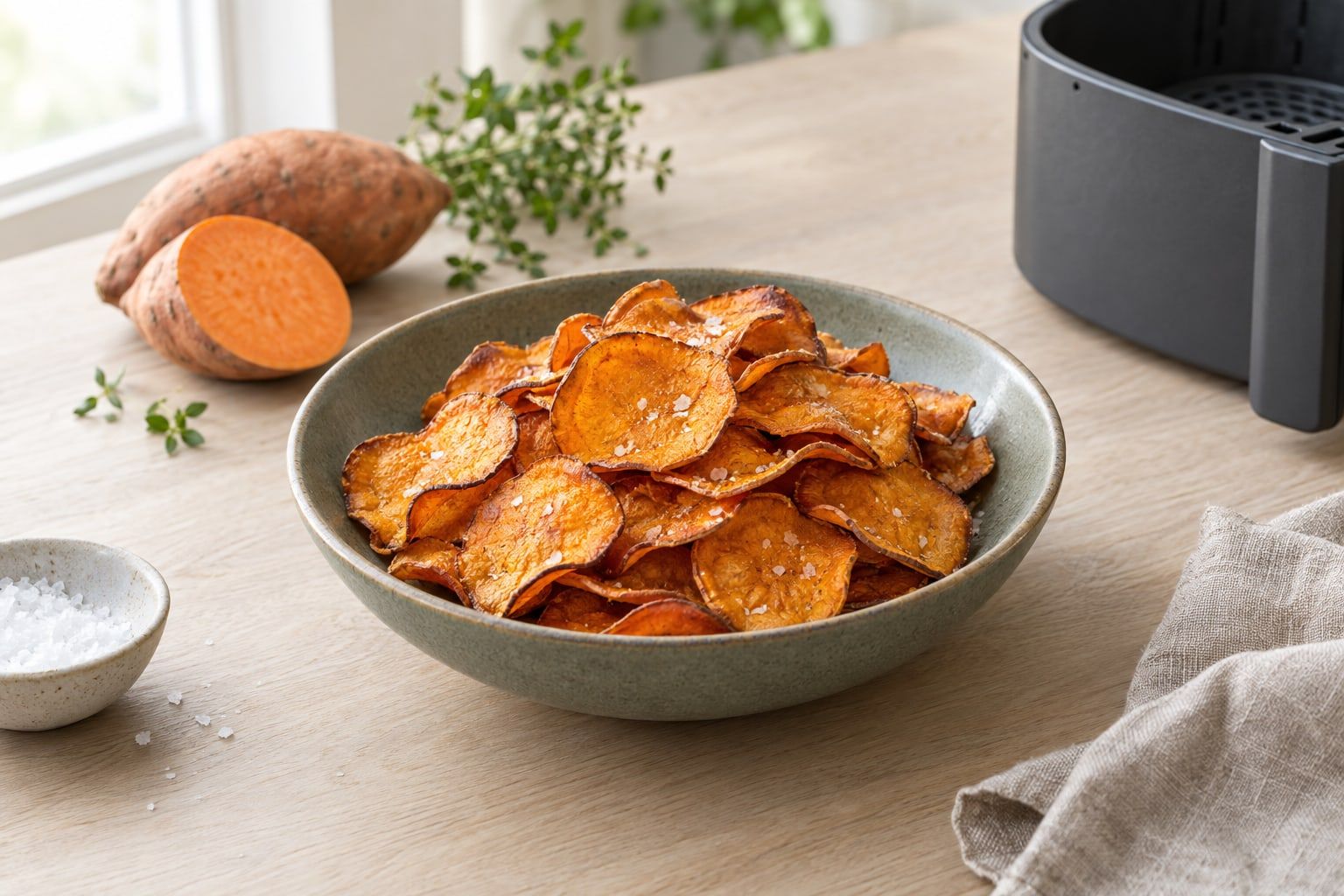 Sötpotatischips i airfryer, tunna orange chips med mörka kanter och saltflingor i en skål