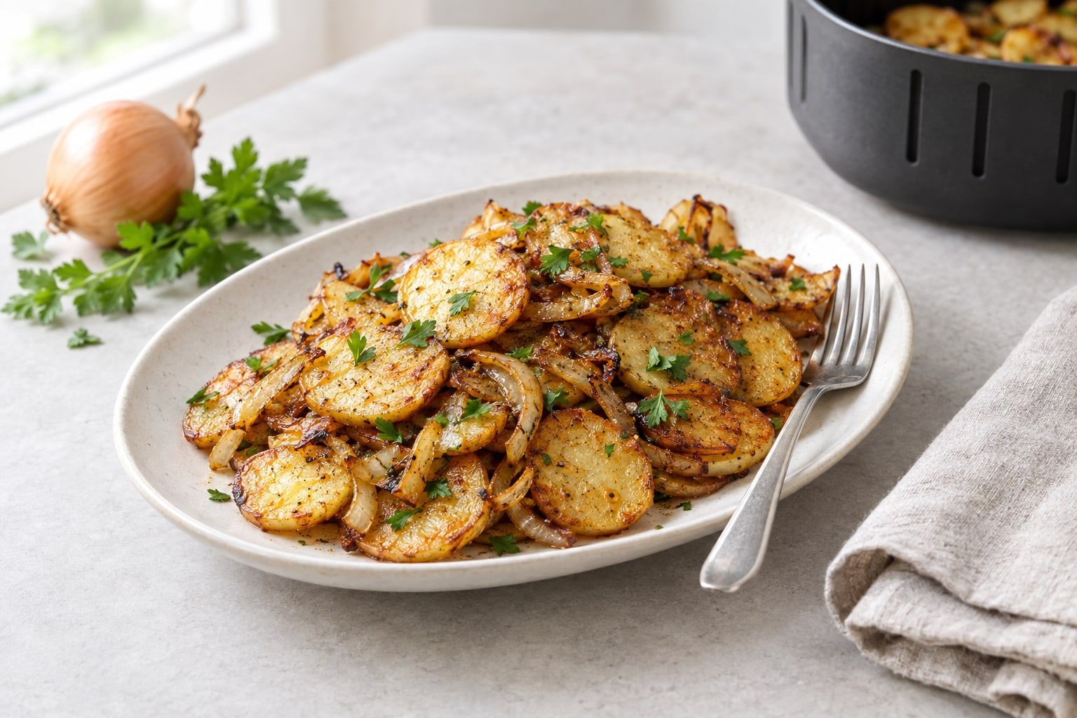 Stekt potatis i airfryer, gyllene potatisskivor med lök och persilja på ett fat