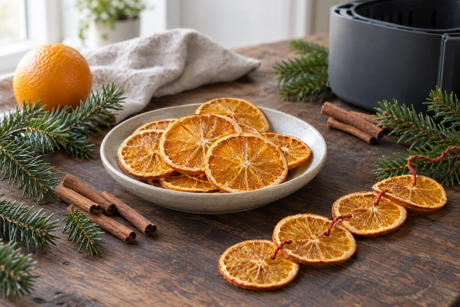 Torkade apelsinskivor i airfryer, genomskinliga orangea skivor bland granris och kanelstänger, några trädda på rött snöre