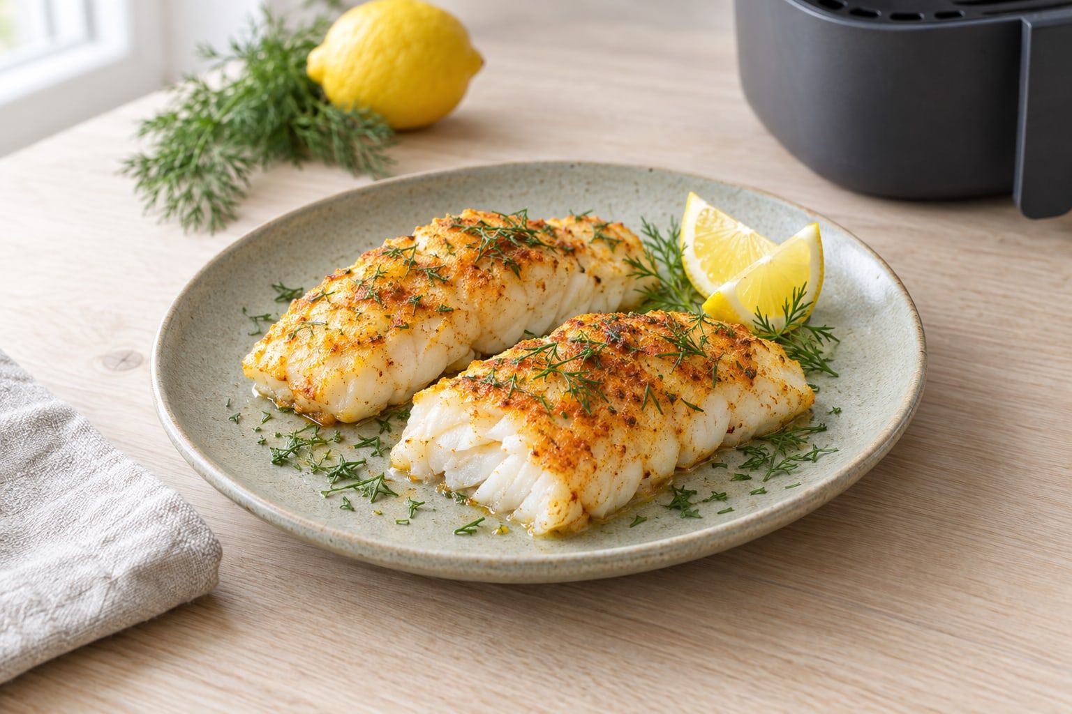 Torsk i airfryer, två vita torskfiléer med paprikakrydda, citronklyftor och dill