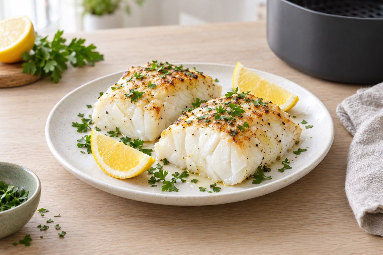 Torskrygg i airfryer, två tjocka bitar med stora vita flak, citronklyftor och persilja