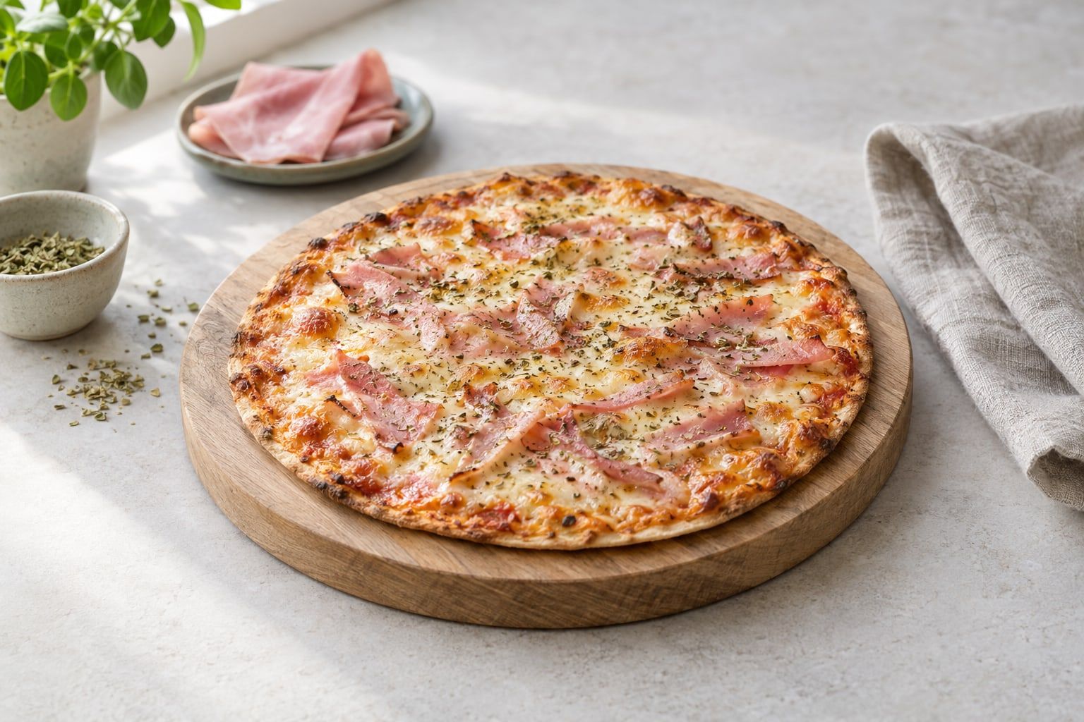 Tortillapizza i airfryer, tunn rund pizza med krispig gyllene kant, smält ost och skinka på en träbräda