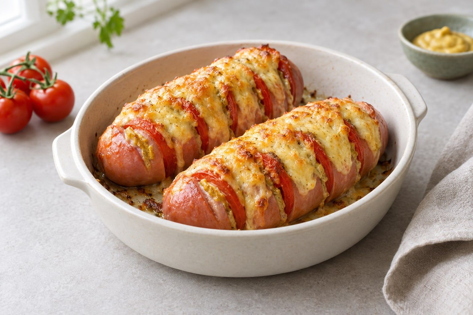 Ugnsbakad falukorv i airfryer, korvbitar med senap, tomat och smält ost i en form