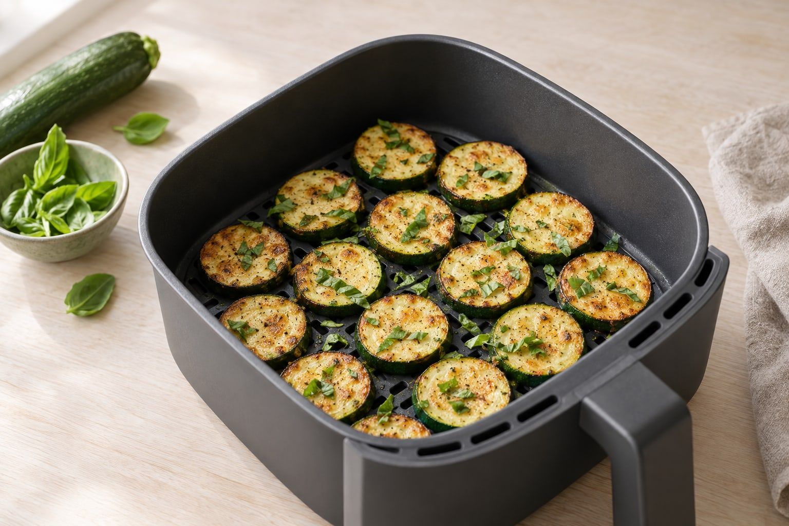 Zucchini i airfryer, gyllene skivor med grönt skal i airfryerkorgen med basilika
